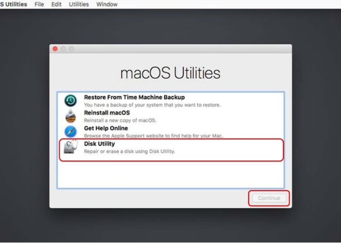 Tùy chọn "Disk Utility" tiếp tục nhấn vào "Continue."