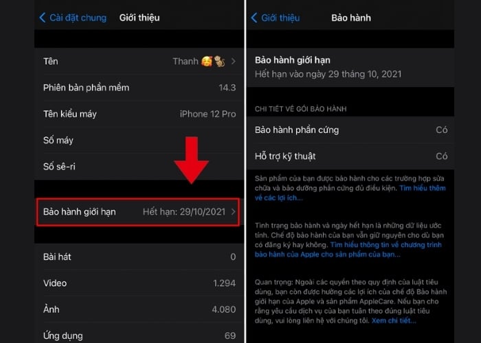 Thông tin bảo hành thiết bị trong mục Giới thiệu