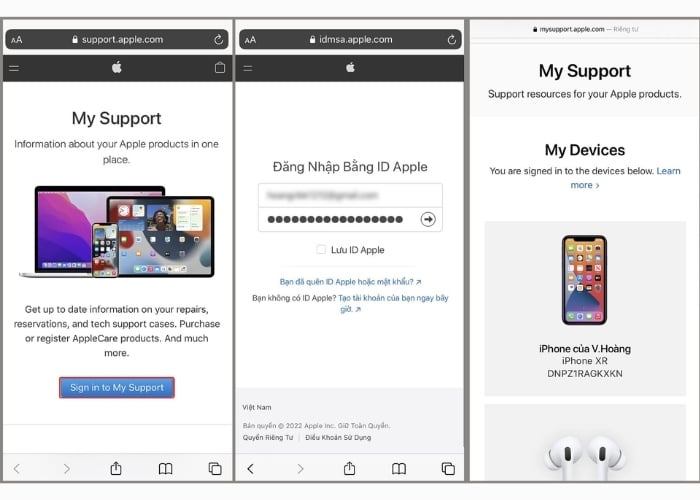 Đăng nhập vào trang web support của Apple bằng Apple