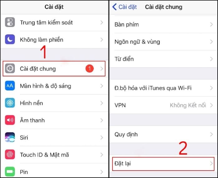 Vào “Cài đặt” > chọn “Cài đặt chung” > “Đặt lại”