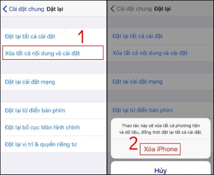 Chọn “Xóa tất cả nội dung và cài đặt” > “Xóa iPhone”