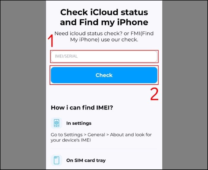 Nhập mã IMEI của iPhone > chọn “Check”