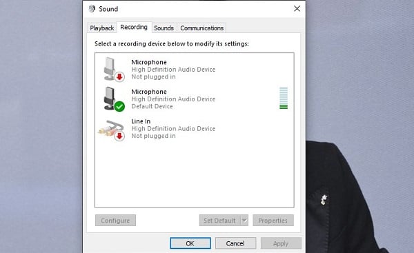 Chọn mục Recording trong Sound