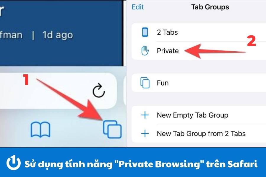Chọn "Tab mới" và chọn "Private" để bắt đầu Chế độ web