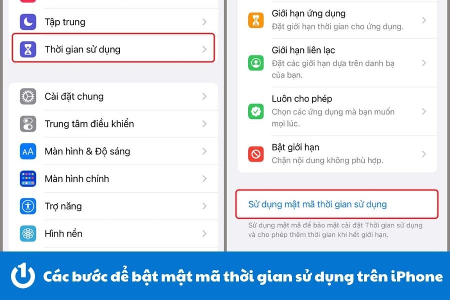 Các bước để bật mật mã thời gian sử dụng trên