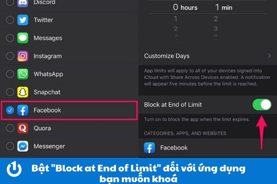 Sau khi chọn ứng dụng bạn muốn khoá, hãy bật "Block