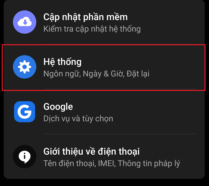 Chọn vào phần hệ thống