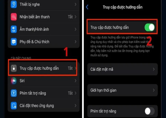 Mục “Trợ năng” kích hoạt "Truy cập được hướng dẫn"
