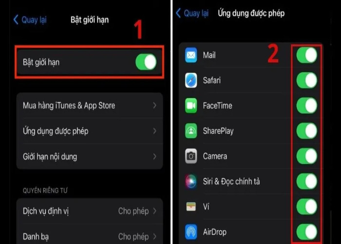 Gạt nút "Bật giới hạn" sau đó chọn "Ứng dụng được