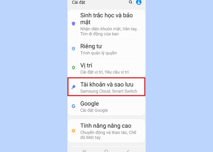 Tùy chọn "Tài khoản và Sao lưu"