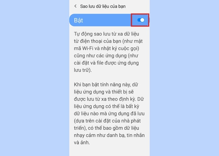 Gạt sang vị trí "Bật" để kích hoạt tính năng