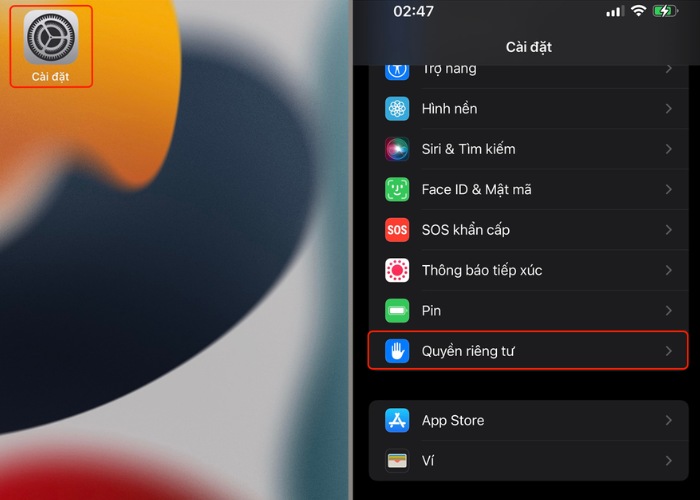 Vào "Cài đặt" chọn "Quyền riêng tư"