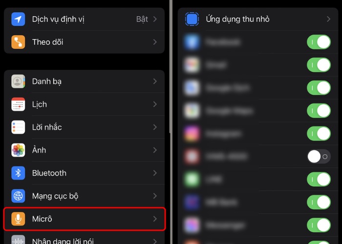 Chọn "Micro" sau đó bật các ứng dụng sang màu