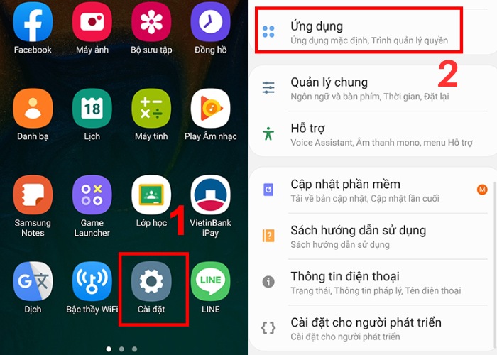 Chọn "Cài đặt" tiếp tục vào "Ứng dụng"