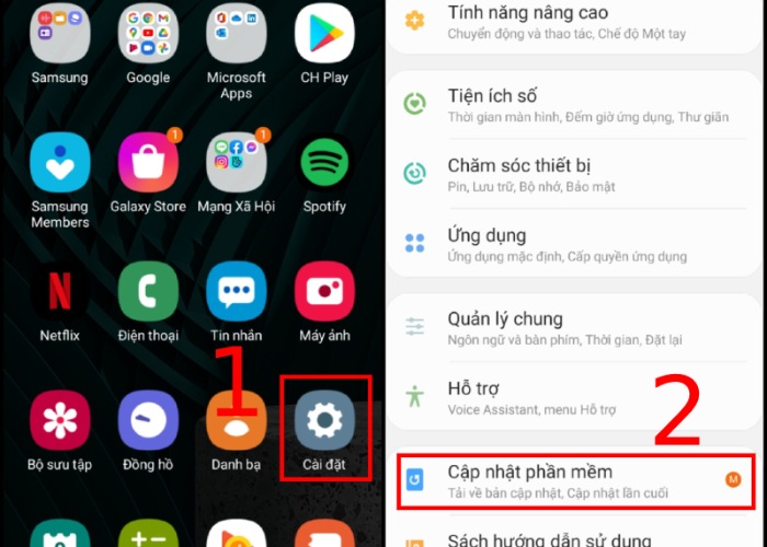 Chọn "Cài đặt" sau đó nhấn vào "Cập nhật phần