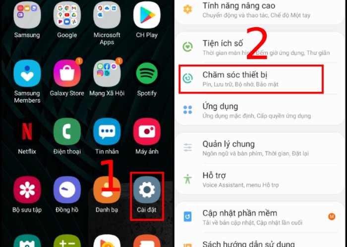 Vào "Cài đặt" chọn "Chăm sóc thiết bị"