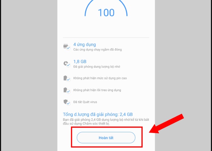 Nhấn vào "Hoàn tất" để hoàn thành việc tối ưu