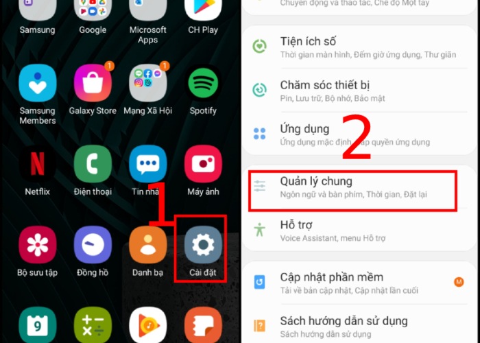 Chọn "Cài đặt" sau đó chọn "Quản lý chung"