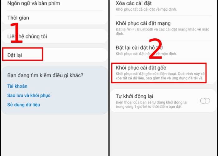 Chọn "Đặt lại" tiếp tục chọn "Khôi phục cài đặt