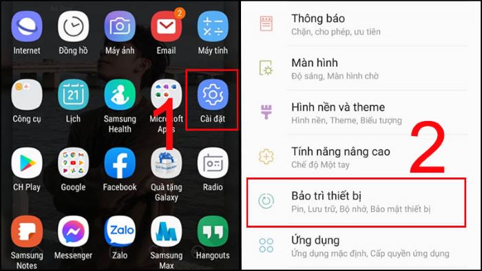 Vào Cài đặt > chọn Bảo trì thiết bị