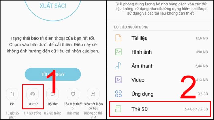 Chọn Lưu trữ > Thẻ SD