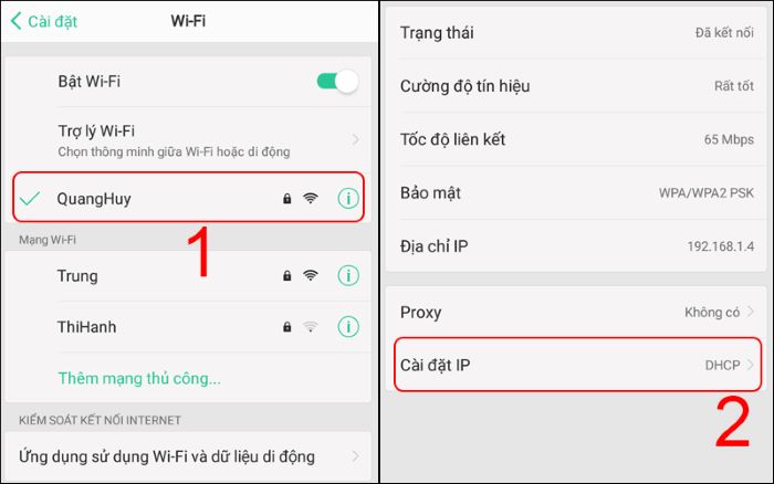 Chọn tên mạng wifi đang kết nối và chọn “Cài đặt IP”