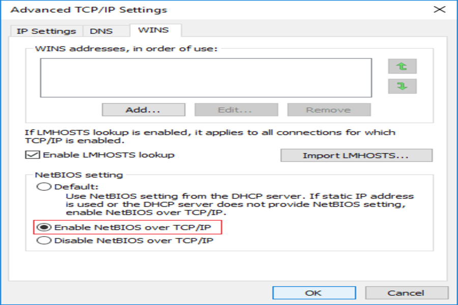 Nhấn chọn "Enable NetBIOS over TCP/IP" và sau đó nhấn