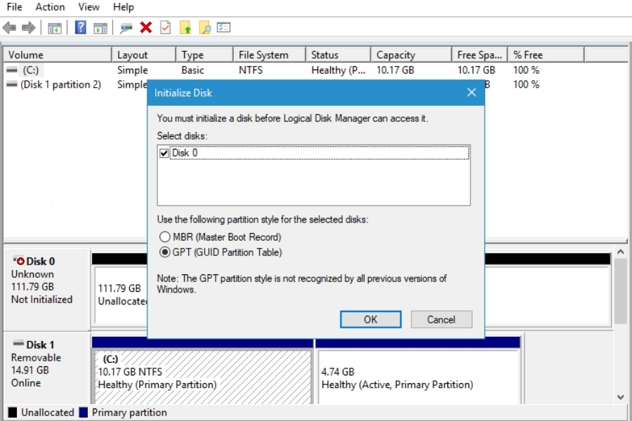 Các thao tác để khởi tạo ổ cứng mới