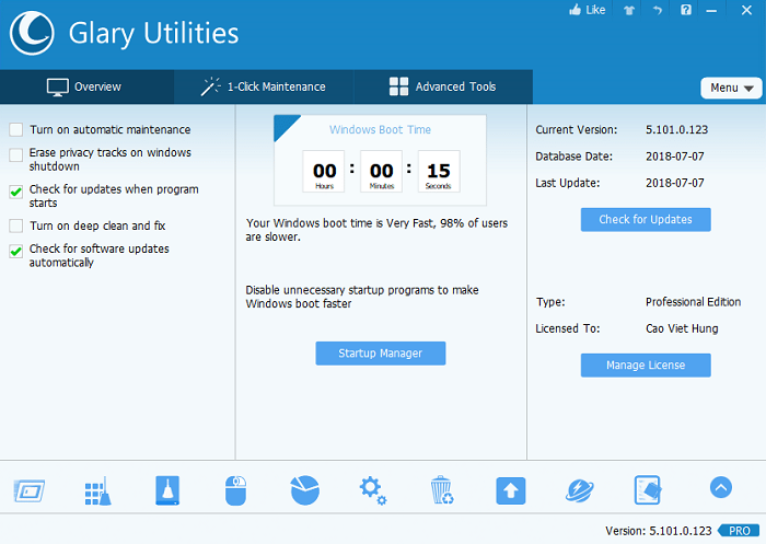 Giao diện phần mềm Glary Utilities