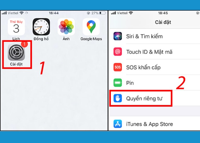 Mở “Cài đặt” chọn vào mục “Quyền riêng tư”
