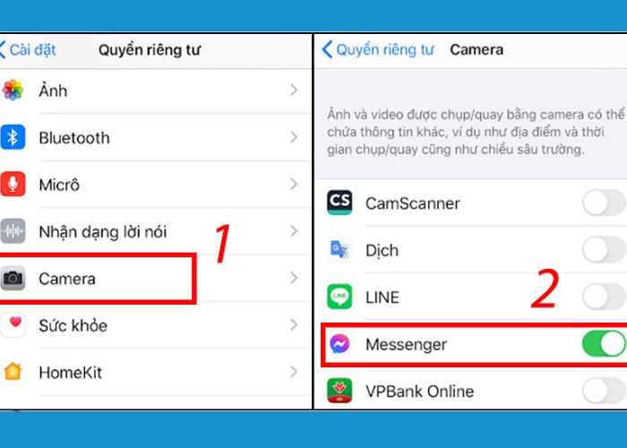 Vào Camera sau đó bật cấp quyền cho Messenger