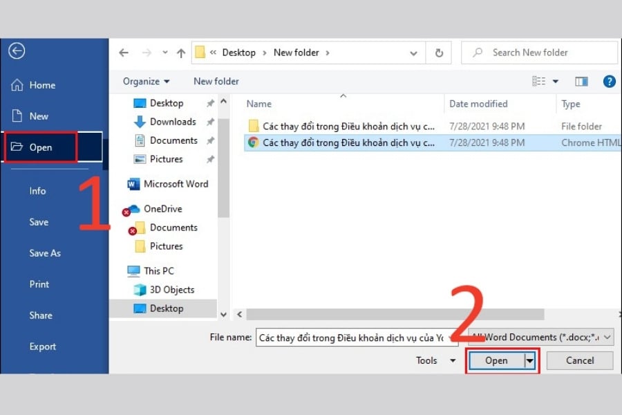 Nhấn Open để mở file HTML trong Word