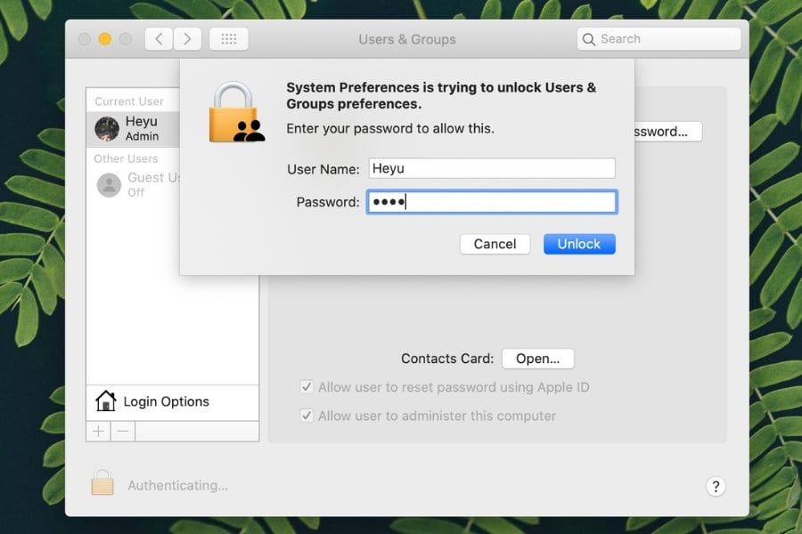 Mở mục User & Group trên MacBook Air và nhập ID,