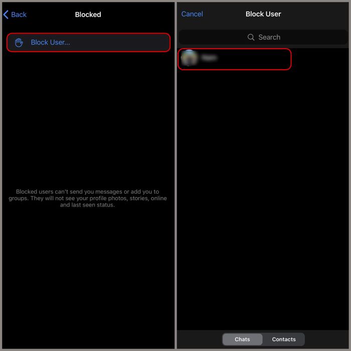 Chọn “Block User” > chọn người mà bạn muốn chặn