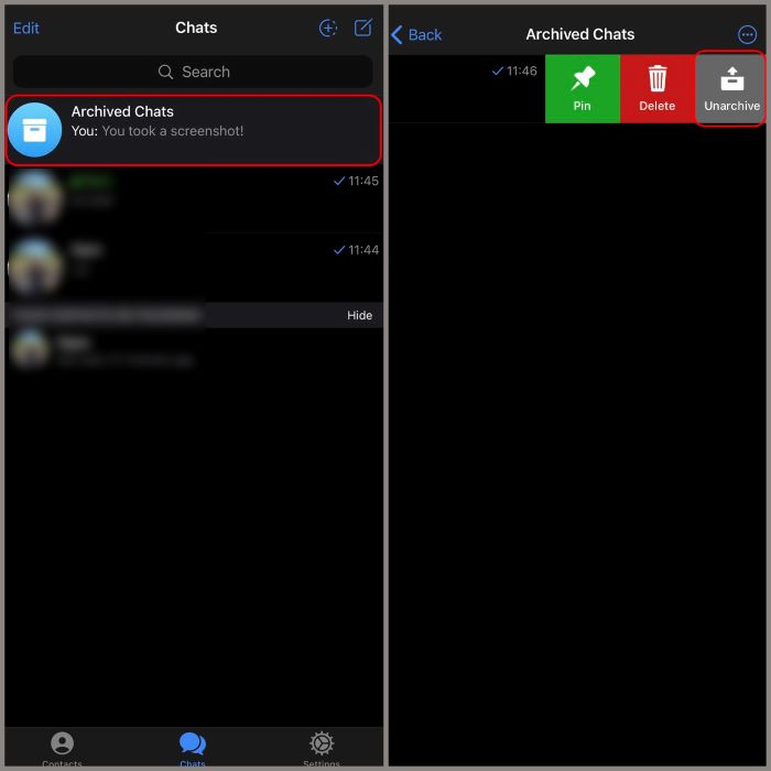Chọn “Archived Chats” > “Unarchive”