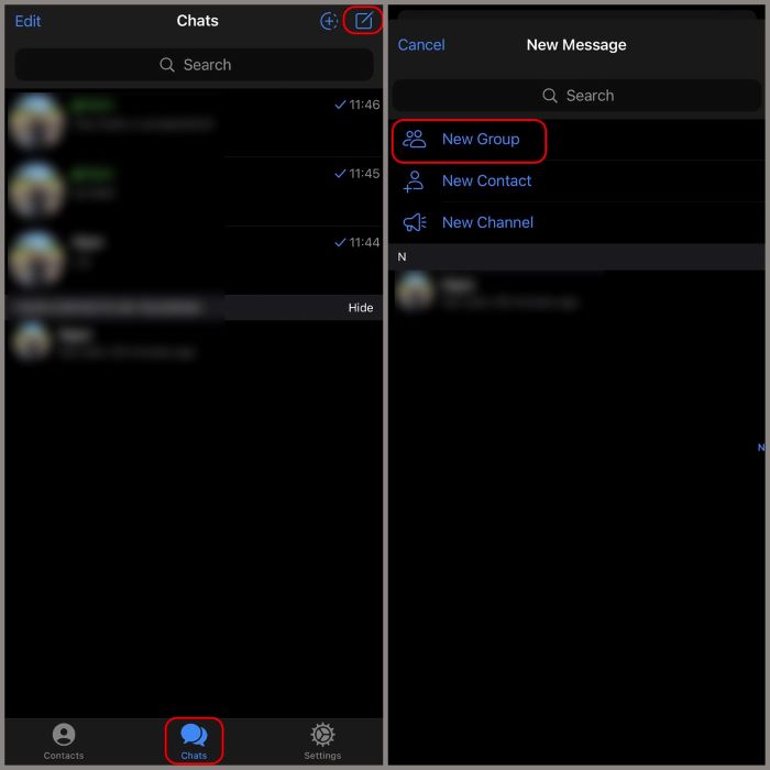 Chọn biểu tượng cây bút > chọn “New Group”