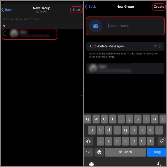 Thêm bạn vào group chat > đặt tên group > “Create”