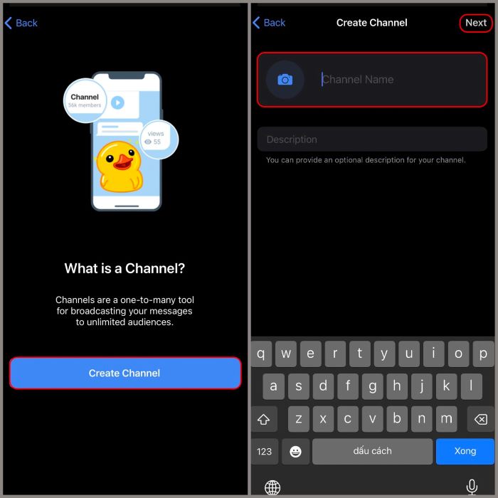“Create Channel” > nhập tên channel > chọn “Next”