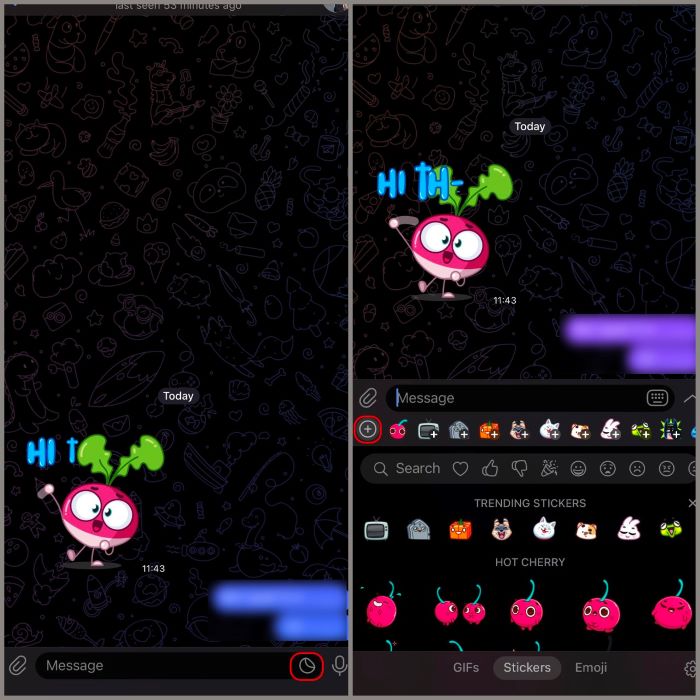 Chọn biểu tượng sticker > chọn “+”