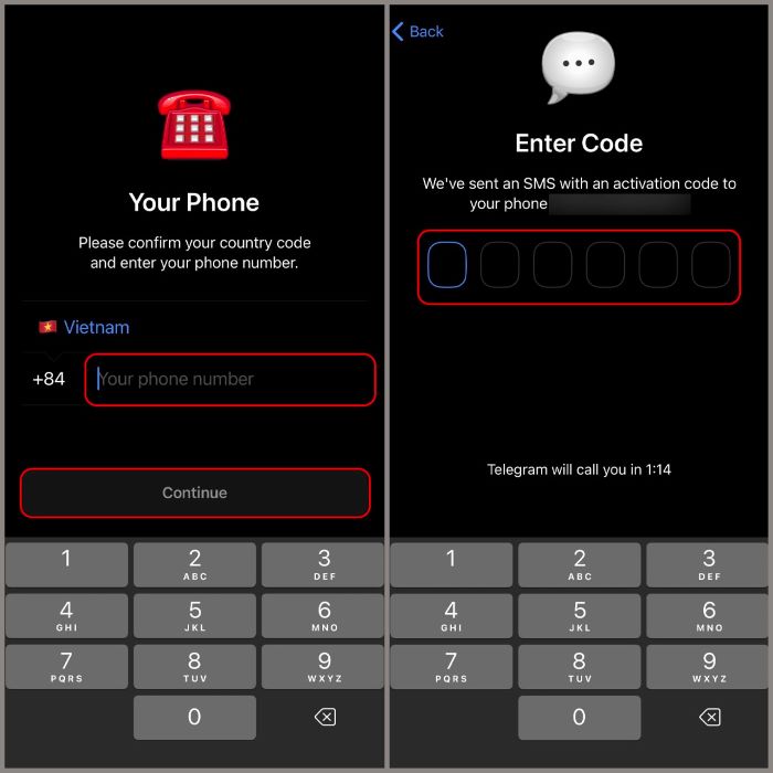 Nhập số điện thoại > chọn “Continue” > nhập mã code
