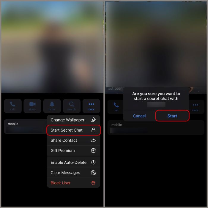 Chọn “Start Secret Chat” > chọn “Start”