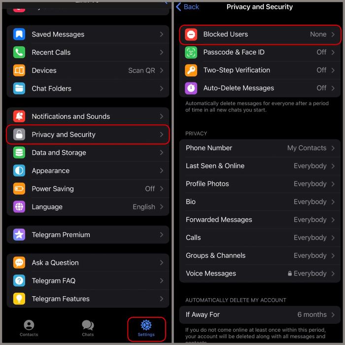Chọn “Privacy and Security” > “Blocked Users”