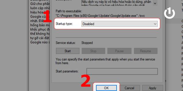 Tại tab Startup type” đổi thành “Disabled