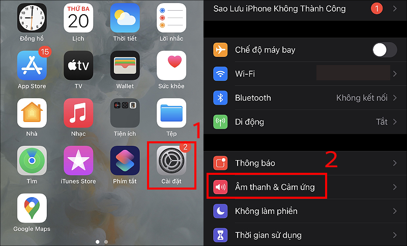 Chọn mục Âm thanh và cảm ứng trên iPhone