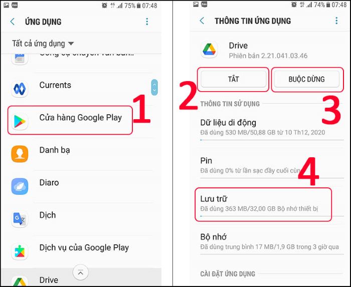 Chọn “Cửa hàng Google Play” > chọn “Tắt” hoặc “Buộc dừng”