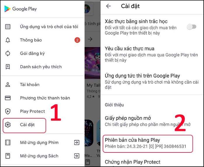 Chọn “Cài đặt” > “Phiên bản cửa hàng Play”