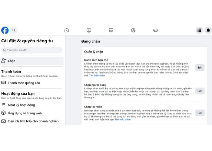 Chọn Edit để thiết lập lại danh sách hạn chế