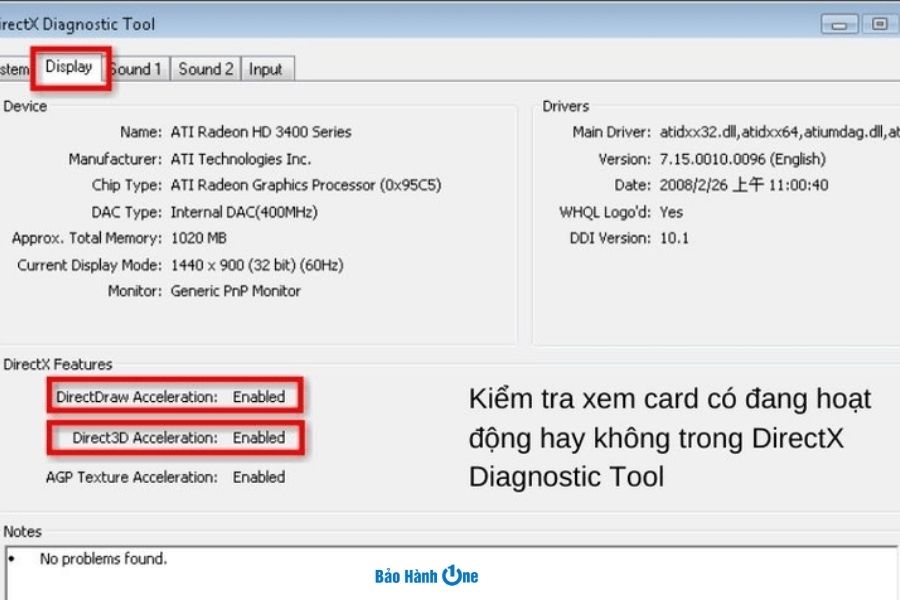 DirectX Features hiển thị Enable cho thấy card màn hình hoạt