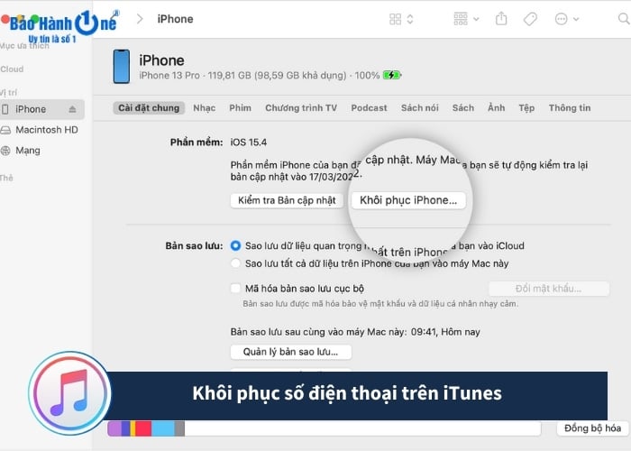 Nhấn chọn "khôi phục iPhone" trong iTunes