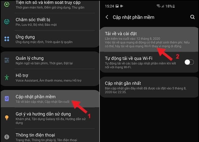 Trong phần "Cập nhật phần mềm" chọn "Tải về và